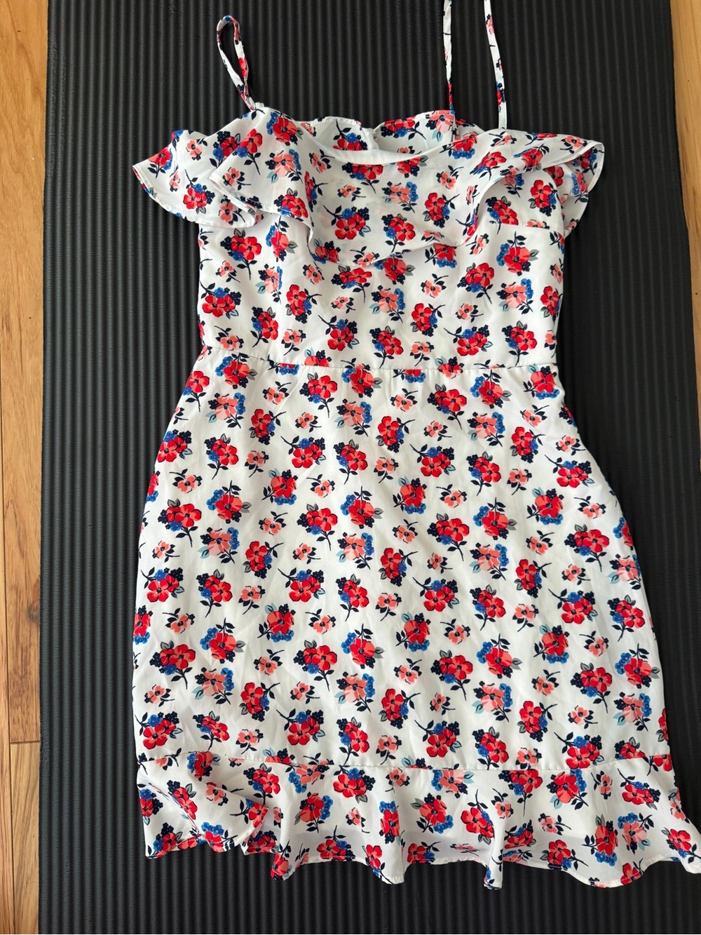 Floral Ruffle Mini Dress in White with Red & Blue Blooms